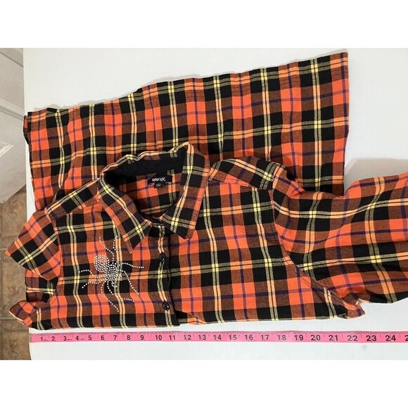 Krazy Kat XL Woman's Halloween Fall Plaid Rhinestone Spider Long Sleeve Shirt - Picture 8 of 10